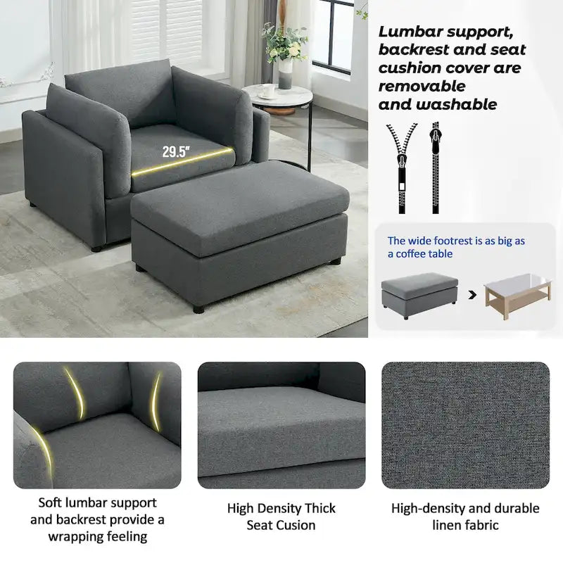 50" Übergroßer Sessel mit Ottoman, Moderner Akzentsessel mit Lordosenstütze