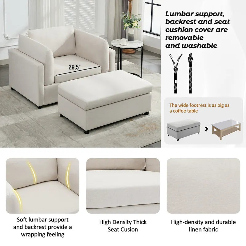 50" Übergroßer Sessel mit Ottoman, Moderner Akzentsessel mit Lordosenstütze