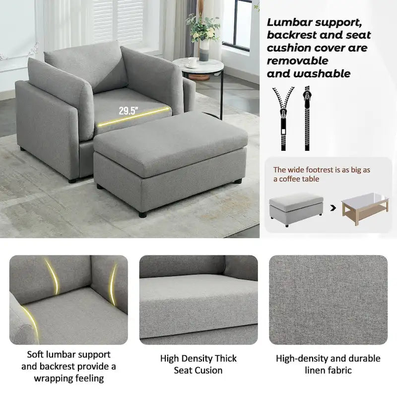 50" Übergroßer Sessel mit Ottoman, Moderner Akzentsessel mit Lordosenstütze