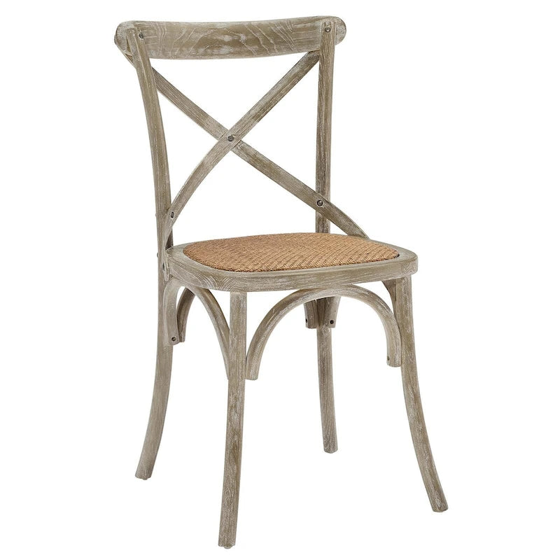 Rattan-Sitzfläche mit gekreuzter Rückenlehne und Ulmenholzrahmen