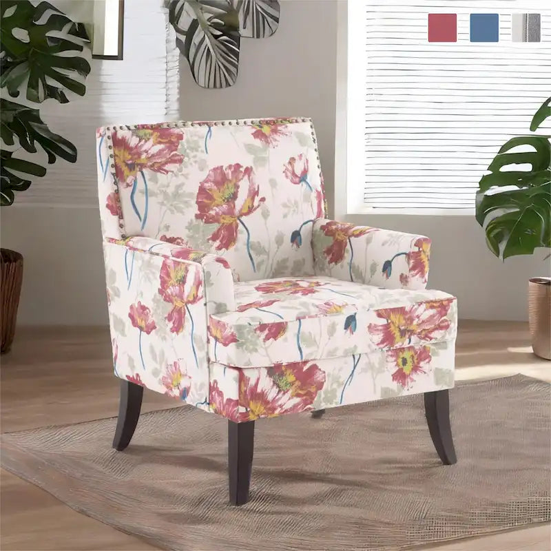 Clubsessel Leinen gepolsterter Akzent-Sessel mit Nagelbesatz und Holzbeinen, Nieten-Design