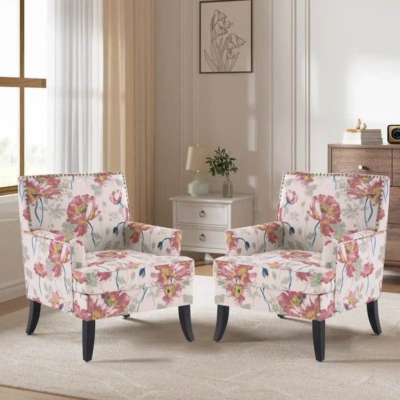 Clubsessel Leinen gepolsterter Akzent-Sessel mit Nagelbesatz und Holzbeinen, Nieten-Design
