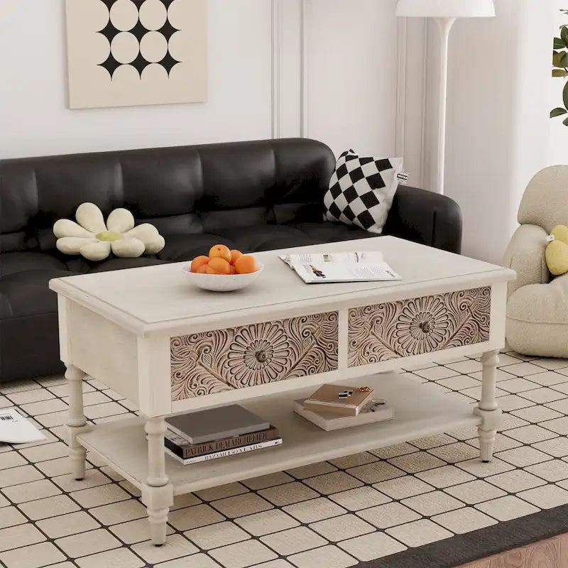 Mid-Century Modern Rechteckiger Couchtisch mit 2 Schubladen und Ablage