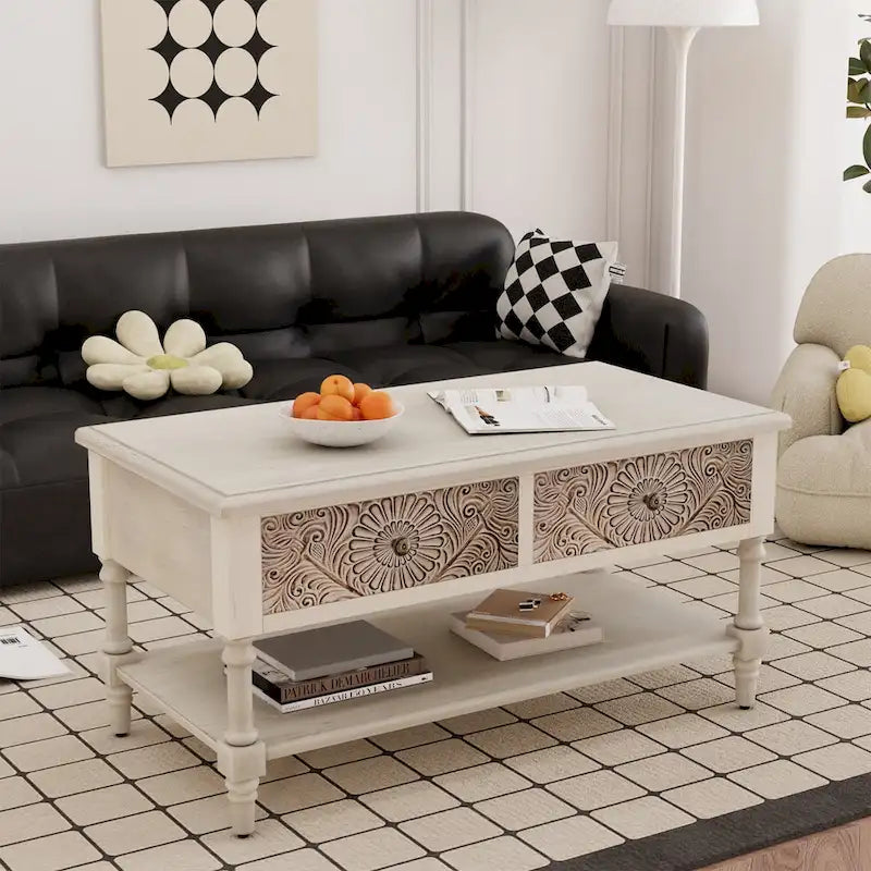 Mid-Century Modern Rechteckiger Couchtisch mit 2 Schubladen und Ablage