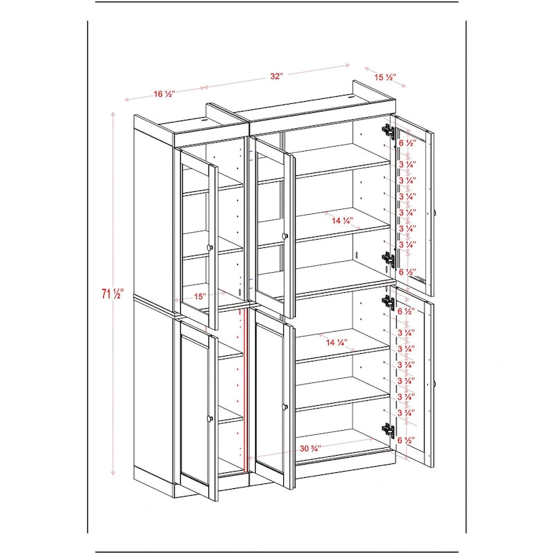 100 % Massivholz Küchenschrank 123 cm (48,5") mit Glas- oder Massivholztüren und verstellbaren Einlegeböden