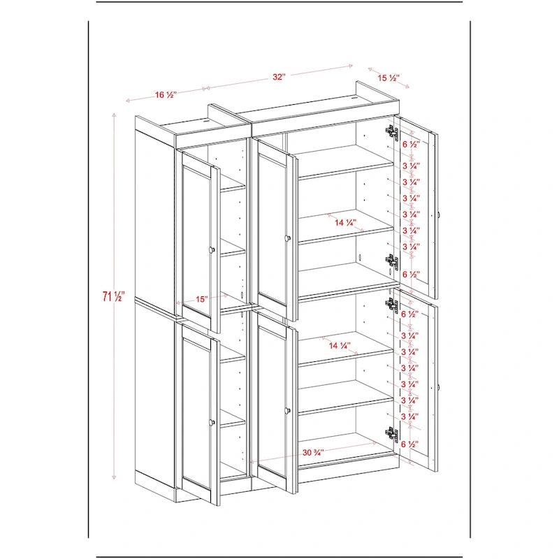 100 % Massivholz Küchenschrank 123 cm (48,5") mit Glas- oder Massivholztüren und verstellbaren Einlegeböden