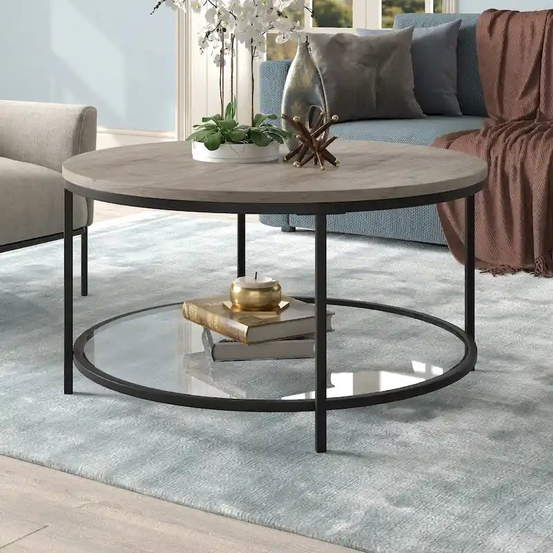 32" breiter runder Couchtisch mit MDF-Platte und Glasablage
