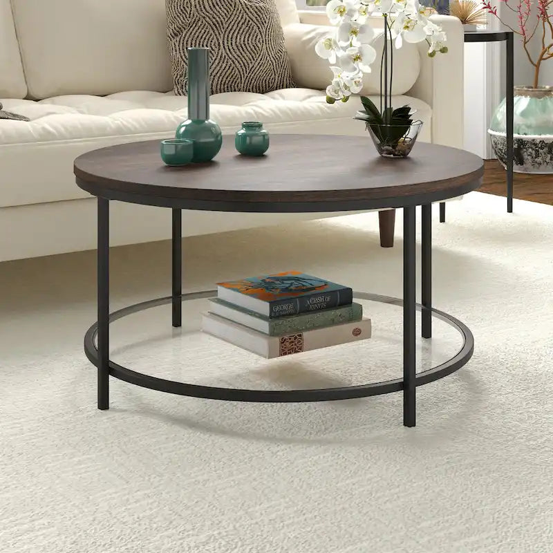 32" breiter runder Couchtisch mit MDF-Platte und Glasablage