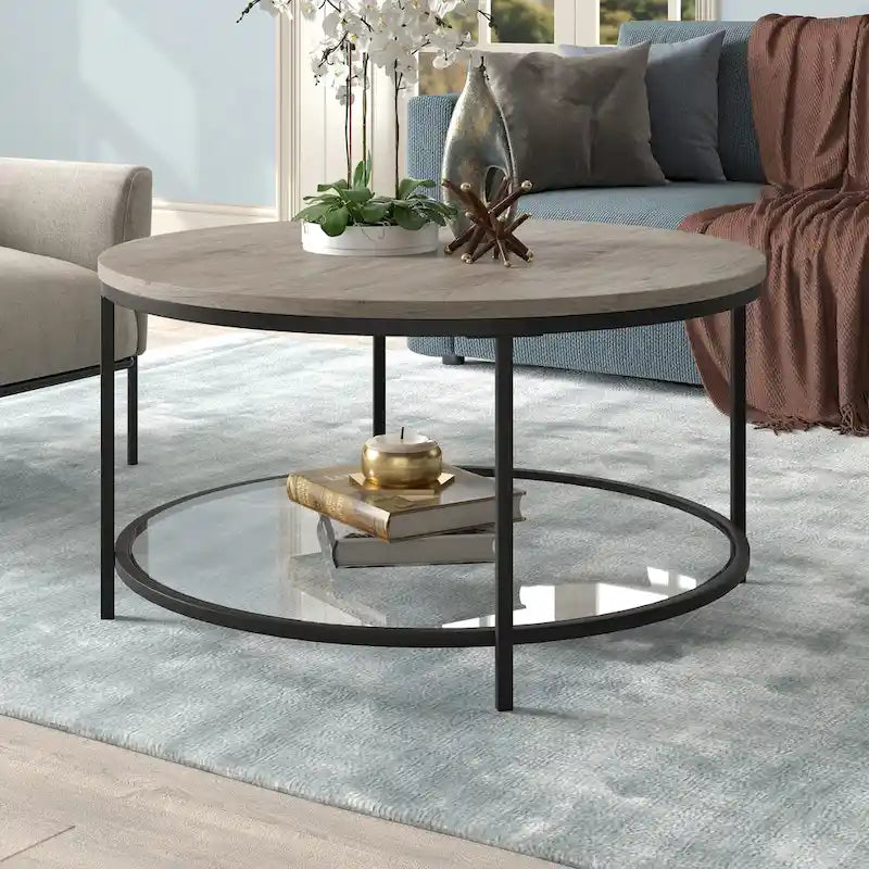 32" breiter runder Couchtisch mit MDF-Platte und Glasablage