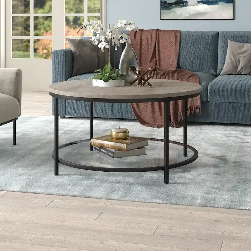 32" breiter runder Couchtisch mit MDF-Platte und Glasablage