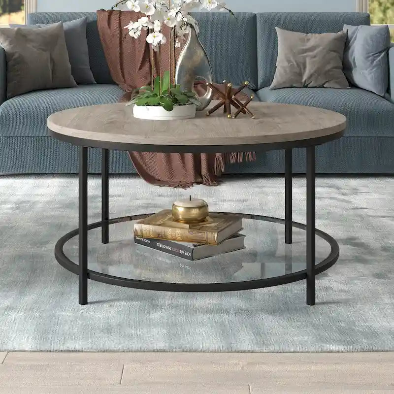 32" breiter runder Couchtisch mit MDF-Platte und Glasablage