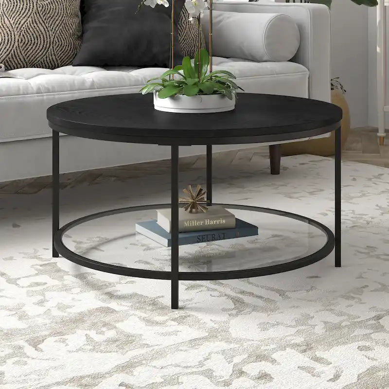32" breiter runder Couchtisch mit MDF-Platte und Glasablage