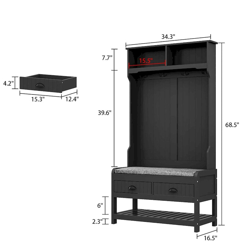 34,3" breiter Garderobenschrank mit Sitzbank und Schuhaufbewahrung