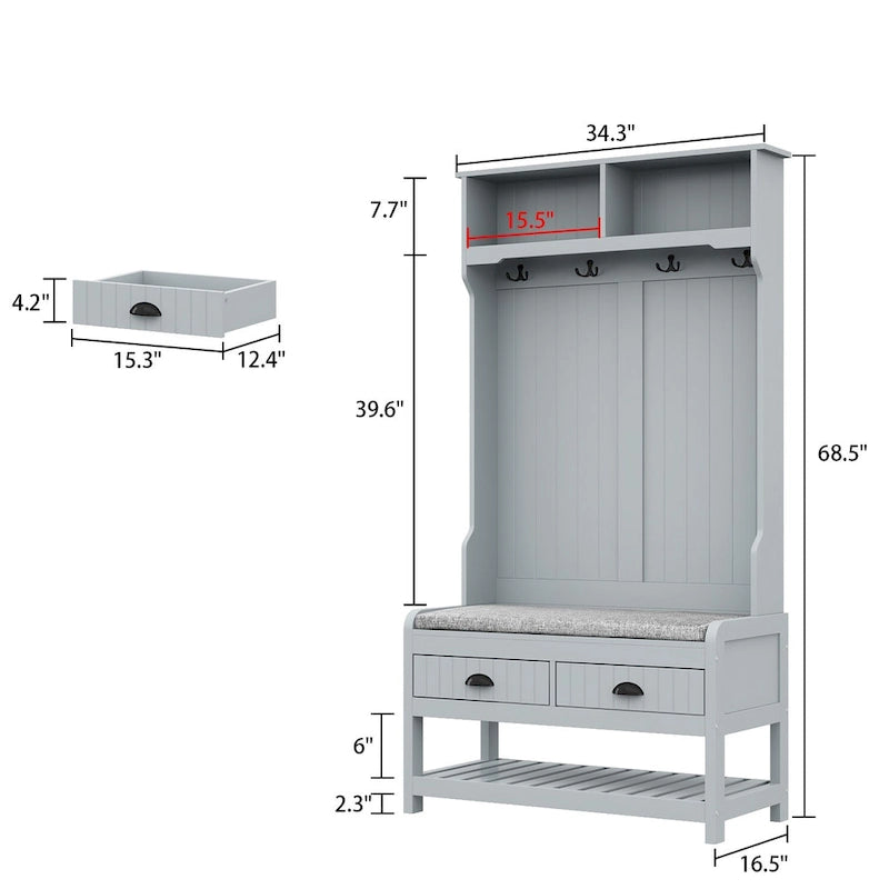 34,3" breiter Garderobenschrank mit Sitzbank und Schuhaufbewahrung