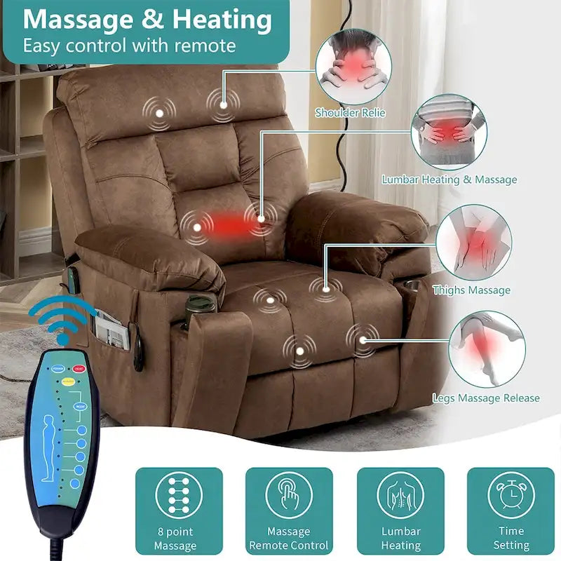 Großer elektrischer Massagesessel mit Aufstehhilfe, Wärme und verstecktem Getränkehalter