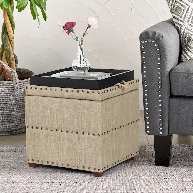 Quadratischer Stoffhocker mit Tablett