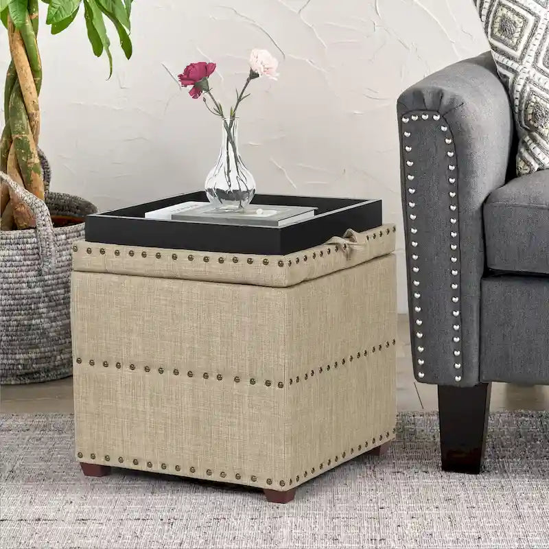 Quadratischer Stoffhocker mit Tablett