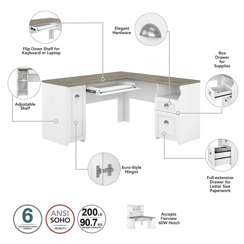 60W Eckschreibtisch mit Schubladen und Schrank
