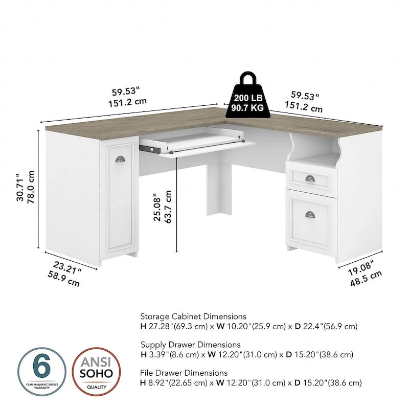 60W Eckschreibtisch mit Schubladen und Schrank