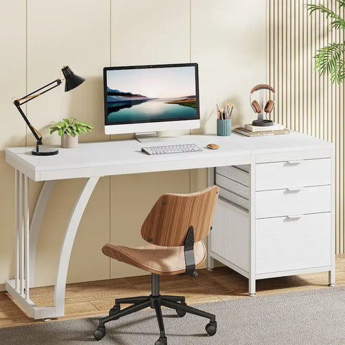 59 inch Reversible Computer Desk with 3 Drawer Cabinet, Industrial Study Writing Table Workstation for Home Office Bedroom