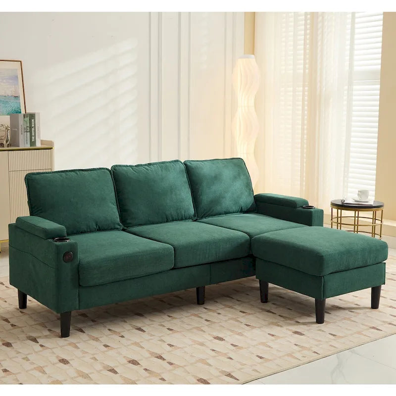 L-Shaped Fabric Sectional Sofa with Storage Ottoman and USB Port