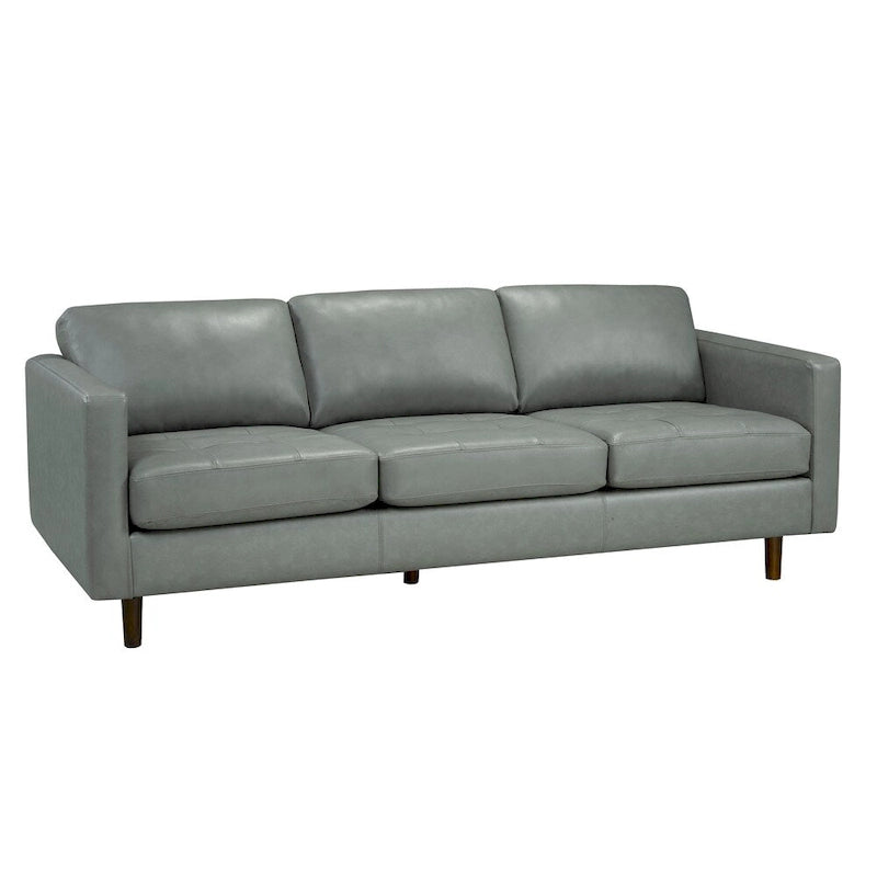 Mid-Century Modern Sofa und Loveseat mit grauer italienischer Echtlederpolsterung und Knopfheftung