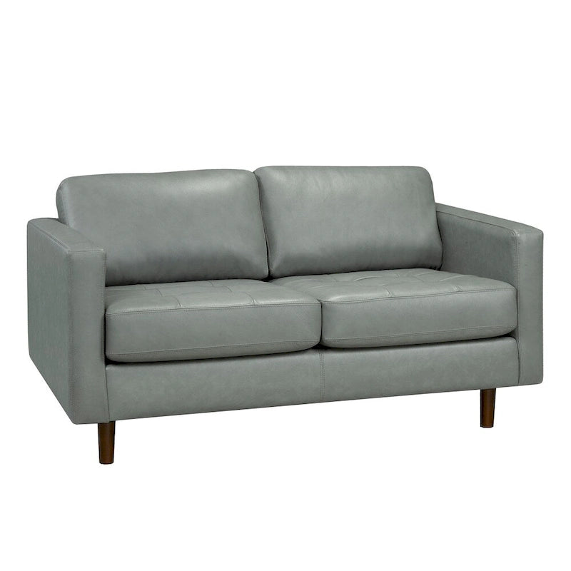 Mid-Century Modern Sofa und Loveseat mit grauer italienischer Echtlederpolsterung und Knopfheftung