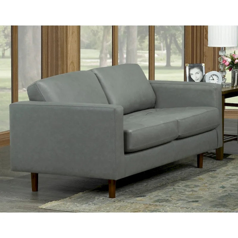 Mid-Century Modern Sofa und Loveseat mit grauer italienischer Echtlederpolsterung und Knopfheftung