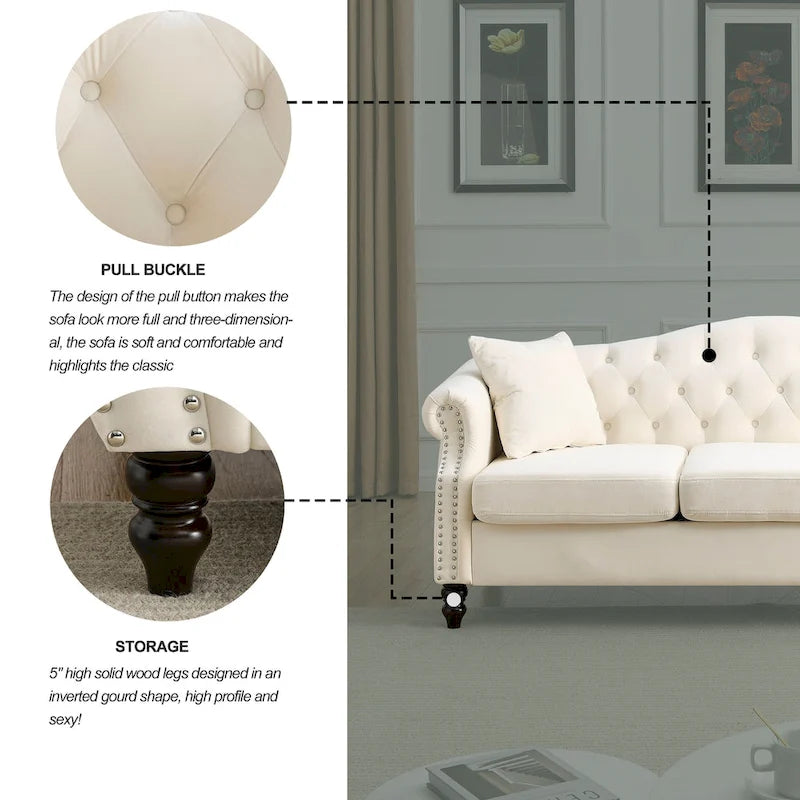 Chesterfield 3-Sitzer Polstersofa mit Zierheftung, Rollarmlehnen und Nagelbesatz