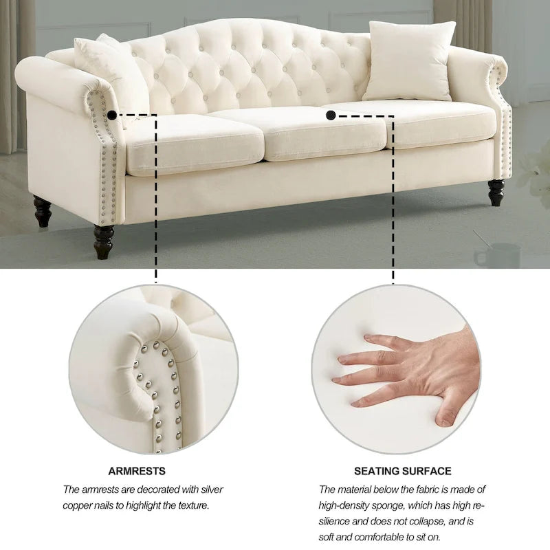Chesterfield 3-Sitzer Polstersofa mit Zierheftung, Rollarmlehnen und Nagelbesatz