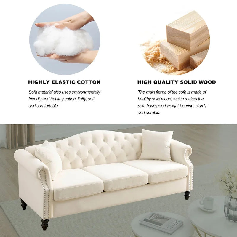 Chesterfield 3-Sitzer Polstersofa mit Zierheftung, Rollarmlehnen und Nagelbesatz