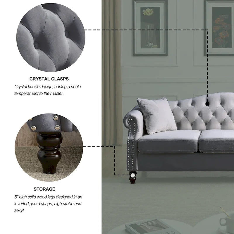 Chesterfield 3-Sitzer Polstersofa mit Zierheftung, Rollarmlehnen und Nagelbesatz