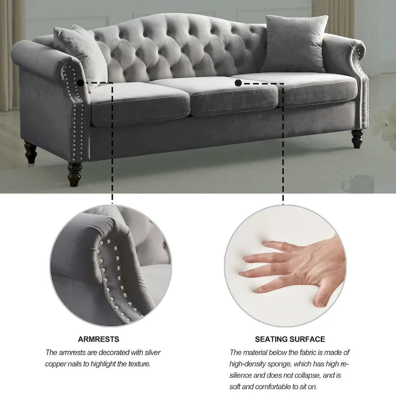 Chesterfield 3-Sitzer Polstersofa mit Zierheftung, Rollarmlehnen und Nagelbesatz