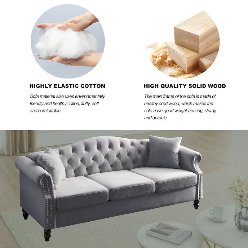 Chesterfield 3-Sitzer Polstersofa mit Zierheftung, Rollarmlehnen und Nagelbesatz
