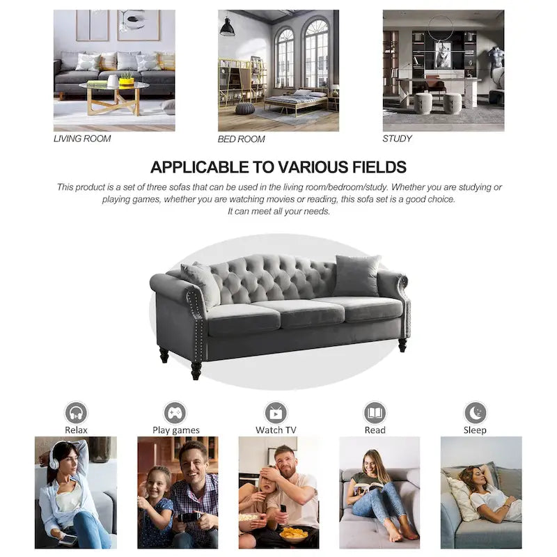 Chesterfield 3-Sitzer Polstersofa mit Zierheftung, Rollarmlehnen und Nagelbesatz