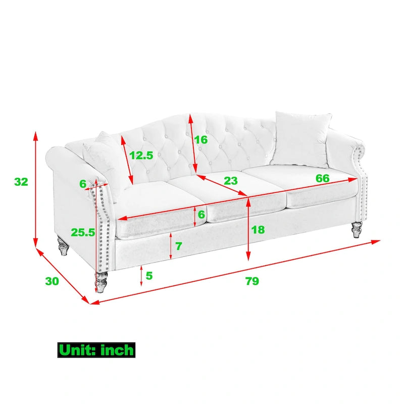Chesterfield 3-Sitzer Polstersofa mit Zierheftung, Rollarmlehnen und Nagelbesatz