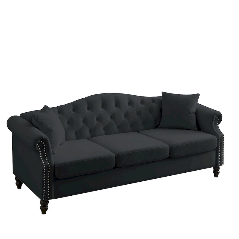 Chesterfield 3-Sitzer Polstersofa mit Zierheftung, Rollarmlehnen und Nagelbesatz