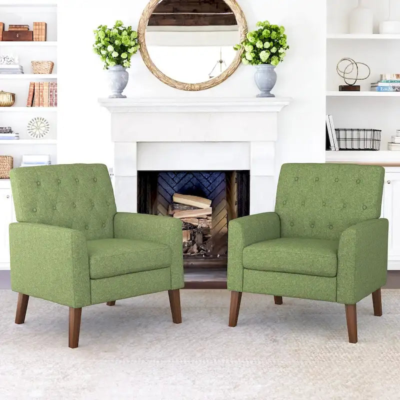 Mid-Century Modern Akzentstuhl-Set mit Leinenbezug und Knopfheftung, 2er-Set