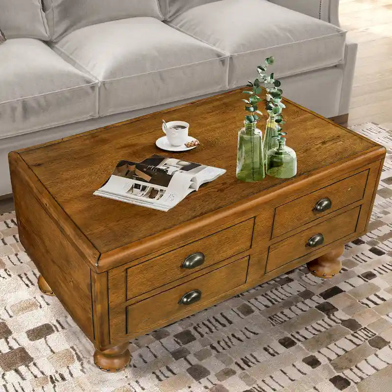 Massivholz-Rechteck-Couchtisch mit 4 Schubladen