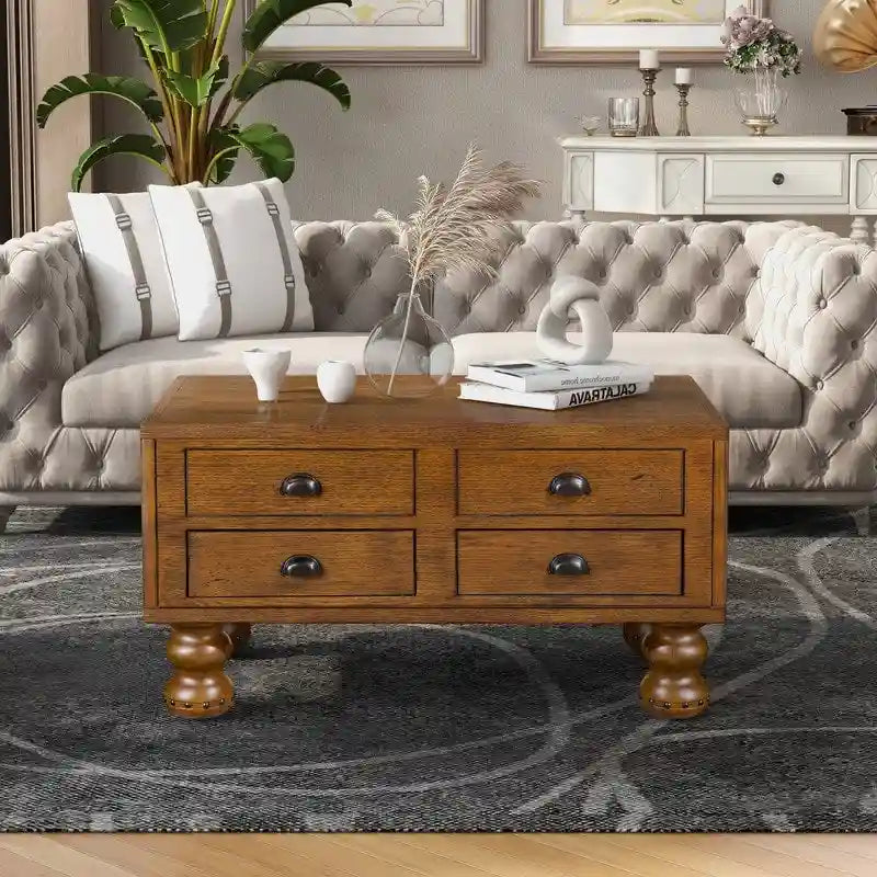 Massivholz-Rechteck-Couchtisch mit 4 Schubladen