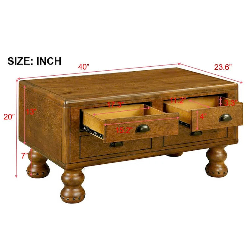 Massivholz-Rechteck-Couchtisch mit 4 Schubladen