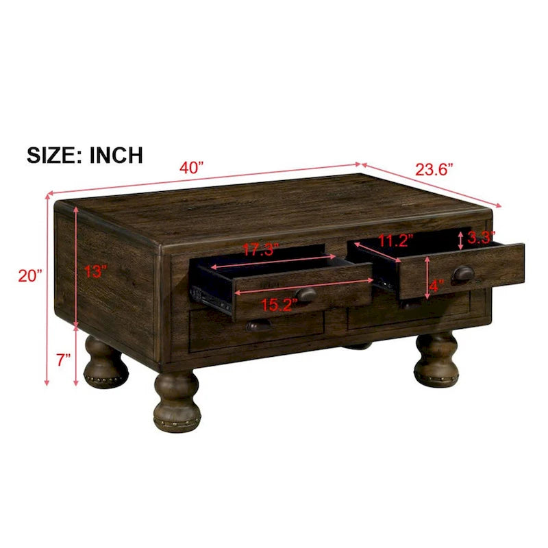 Massivholz-Rechteck-Couchtisch mit 4 Schubladen